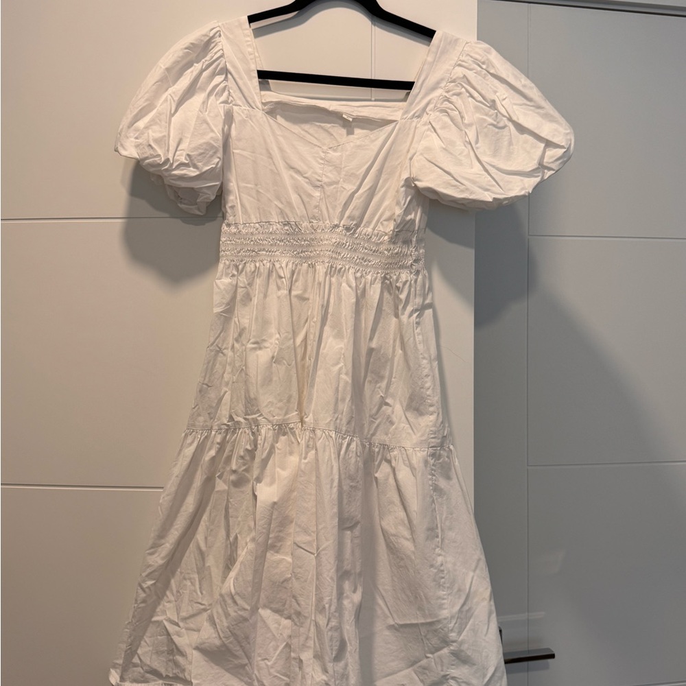 White Puff-Sleeve Smocked Waist Dress